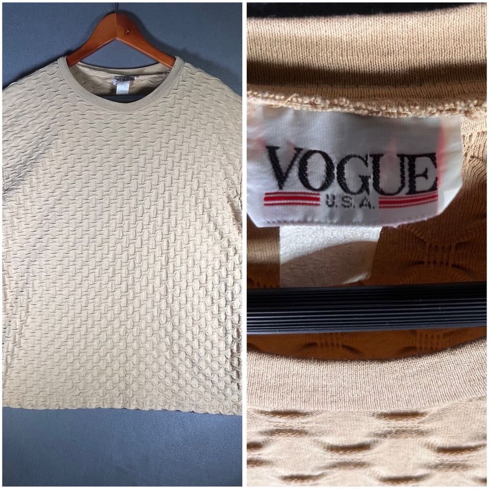 VTG 70s 80s Structured Knit Minimalist Retro Basketweave M? Beige Raised Shirt